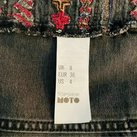 Topshop Embroidered Denim Jacket Jean Jacket Moto Washed Black Rough Edge - Picture 9 of 9